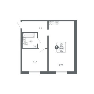 1-комнатная, 53.6 м²