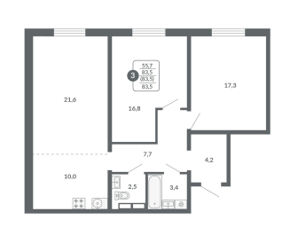 3-комнатная, 83.5 м², жилая: 55.7 м², кухня: 10 м²