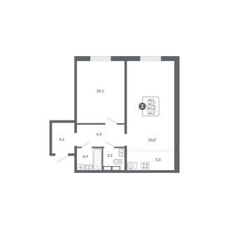 2-комнатная, 66.2 м², жилая: 44.1 м², кухня: 5.5 м²