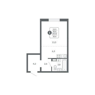 Студия, 30.4 м², жилая: 13.5 м², кухня: 6.3 м²