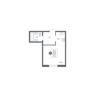 1-комнатная, 27.8 м², жилая: 14.9 м², кухня: 4.5 м²