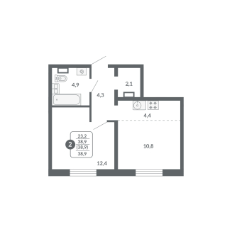 2-комнатная, 38.9 м², жилая: 23.2 м², кухня: 4.4 м²