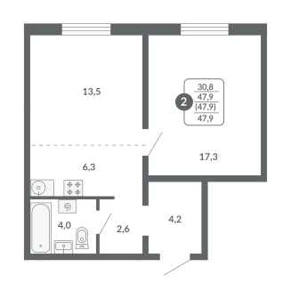 2-комнатная, 47.9 м², жилая: 30.8 м², кухня: 6.3 м²