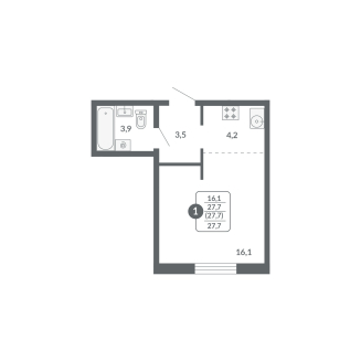 Студия, 27.7 м², жилая: 16.1 м², кухня: 4.2 м²