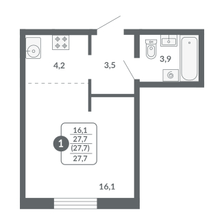 Студия, 27.7 м², жилая: 16.1 м², кухня: 4.2 м²