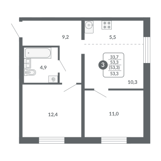 3-комнатная, 53.3 м², жилая: 33.7 м², кухня: 5.5 м²