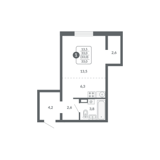Студия, 33 м², жилая: 13.5 м², кухня: 6.3 м²