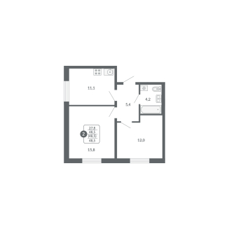 2-комнатная, 48.5 м², жилая: 27.8 м², кухня: 11.1 м²