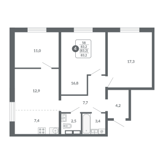 4-комнатная, 83.2 м², жилая: 58 м², кухня: 7.4 м²