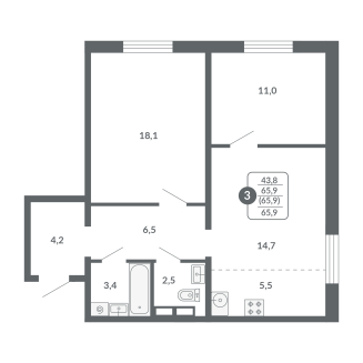 3-комнатная, 65.9 м², жилая: 43.8 м², кухня: 5.5 м²