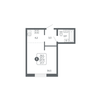 Студия, 27.7 м², жилая: 16.1 м², кухня: 4.2 м²