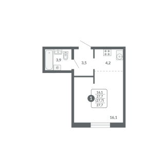 Студия, 27.7 м², жилая: 16.1 м², кухня: 4.2 м²