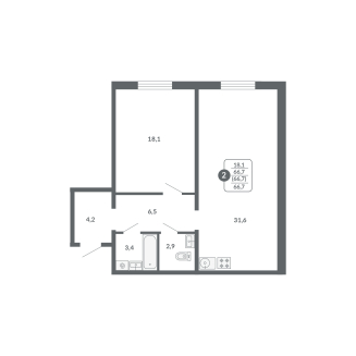 2-комнатная, 66.7 м², жилая: 18.1 м², кухня: 31.6 м²