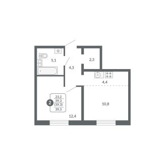 2-комнатная, 39.3 м²