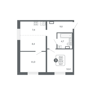 2-комнатная, 52.9 м², жилая: 31.8 м², кухня: 7.4 м²