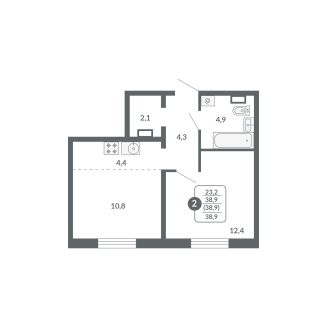 2-комнатная, 38.9 м², жилая: 23.2 м², кухня: 4.4 м²