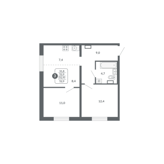 3-комнатная, 52.9 м², жилая: 31.8 м², кухня: 7.4 м²