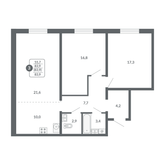 3-комнатная, 83.9 м², жилая: 55.7 м², кухня: 10 м²