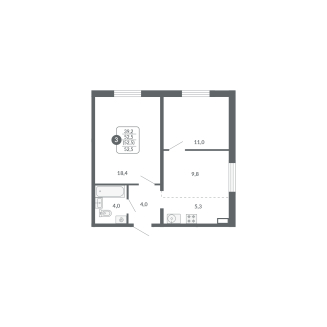 3-комнатная, 52.5 м², жилая: 39.2 м², кухня: 5.3 м²