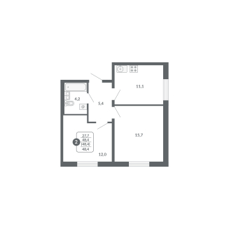 2-комнатная, 48.4 м², жилая: 27.7 м², кухня: 11.1 м²