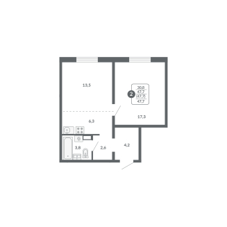 2-комнатная, 47.7 м², жилая: 30.8 м², кухня: 6.3 м²