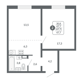 2-комнатная, 47.7 м², жилая: 30.8 м², кухня: 6.3 м²