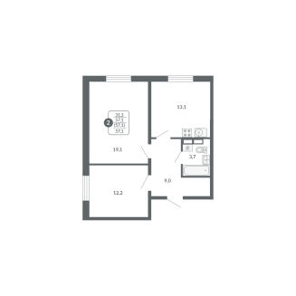 2-комнатная, 57.1 м², жилая: 31.3 м², кухня: 13.1 м²