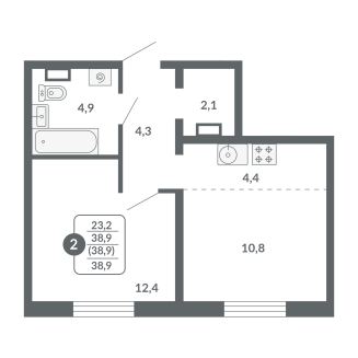 2-комнатная, 38.9 м², жилая: 23.2 м², кухня: 4.4 м²