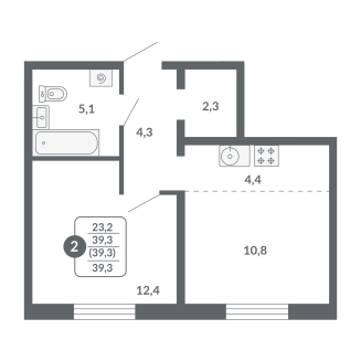 2-комнатная, 39.3 м², жилая: 23.2 м², кухня: 4.4 м²