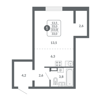 1-комнатная, 33 м², жилая: 13.5 м², кухня: 6.3 м²