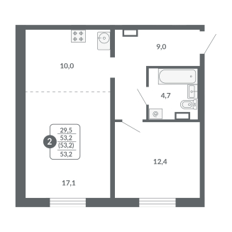 2-комнатная, 53.2 м², жилая: 29.5 м², кухня: 10 м²