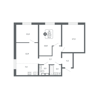 4-комнатная, 83.2 м², жилая: 58 м², кухня: 7.4 м²