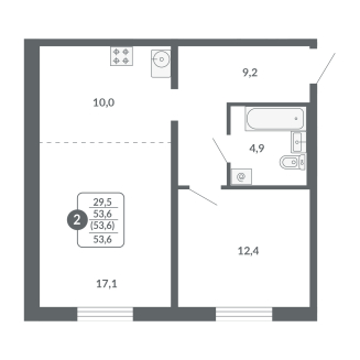 2-комнатная, 53.6 м², жилая: 29.5 м², кухня: 10 м²