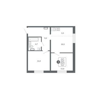 3-комнатная, 52.9 м², жилая: 33.7 м², кухня: 5.5 м²