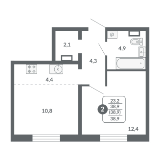 2-комнатная, 38.9 м², жилая: 23.2 м², кухня: 4.4 м²
