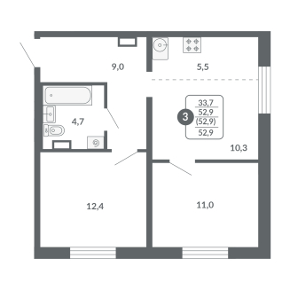 3-комнатная, 52.9 м², жилая: 33.7 м², кухня: 5.5 м²