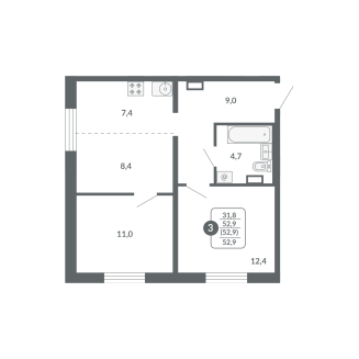 3-комнатная, 52.9 м², жилая: 31.8 м², кухня: 7.4 м²