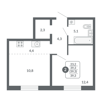 2-комнатная, 39.3 м², жилая: 23.2 м², кухня: 4.4 м²