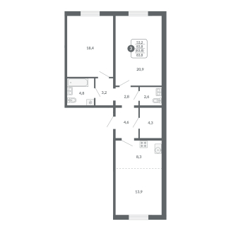 3-комнатная, 83.8 м², жилая: 53.2 м², кухня: 8.3 м²