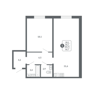 1-комнатная, 66.7 м²