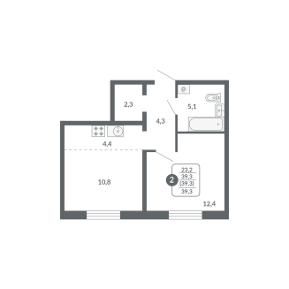 2-комнатная, 39.3 м²