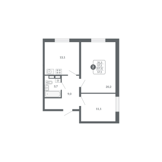 2-комнатная, 57.1 м², жилая: 31.3 м², кухня: 13.1 м²