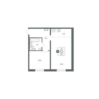 2-комнатная, 53.2 м², жилая: 34 м², кухня: 5.5 м²